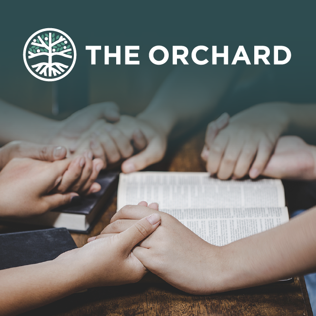 People holding hands in prayer over an open Bible, with The Orchard logo in the corner.