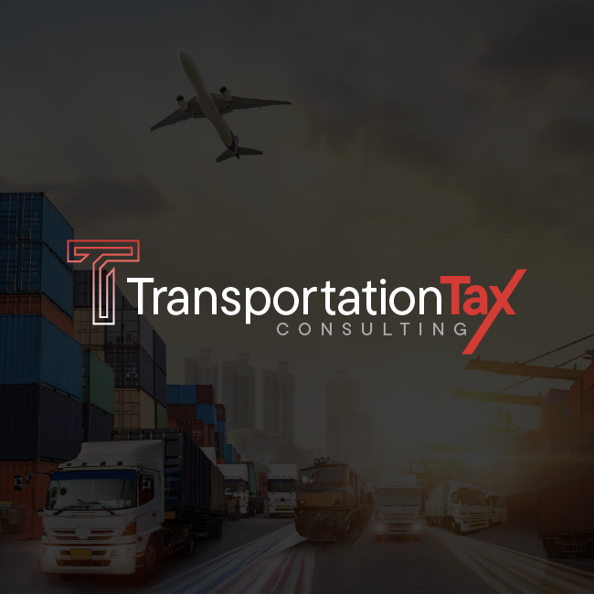 TransportationTax Consulting logo over a highway with trucks, shipping containers, and an airplane at sunset