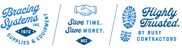 Bracing Systems logo with blue text, handshake icon, and “Highly Trained by our contractors” badge