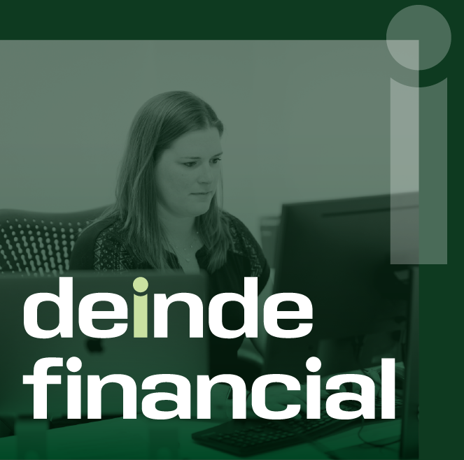 Woman working at a computer with “deinde financial” text overlay on a green-tinted background