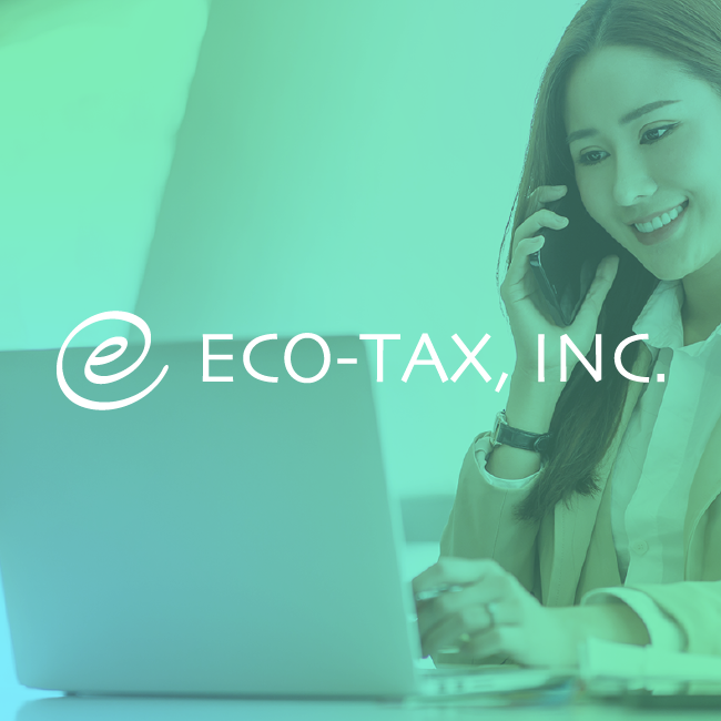 Eco-Tax, Inc. logo over a teal-tinted office scene with a woman on the phone using a laptop