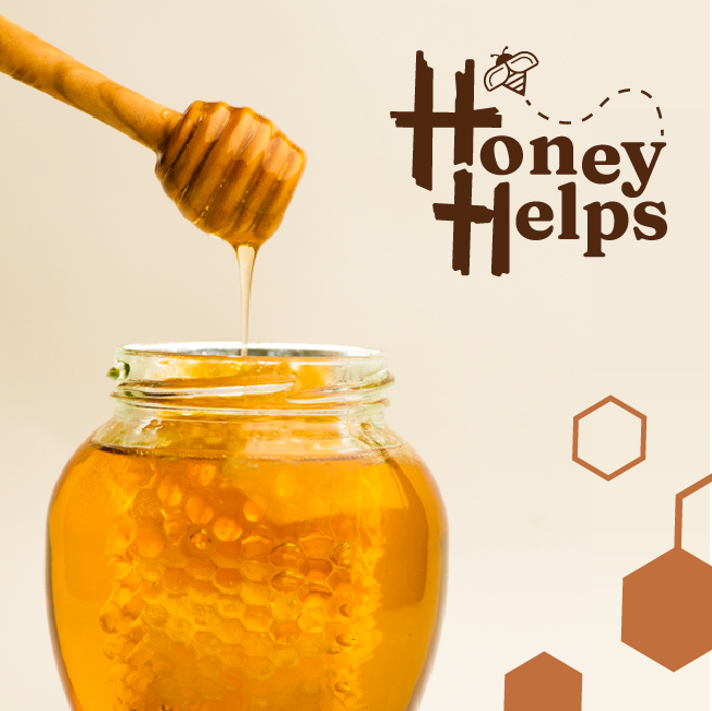 Honey dripping from a dipper into a glass jar, with “Honey Helps” text and honeycomb graphics.