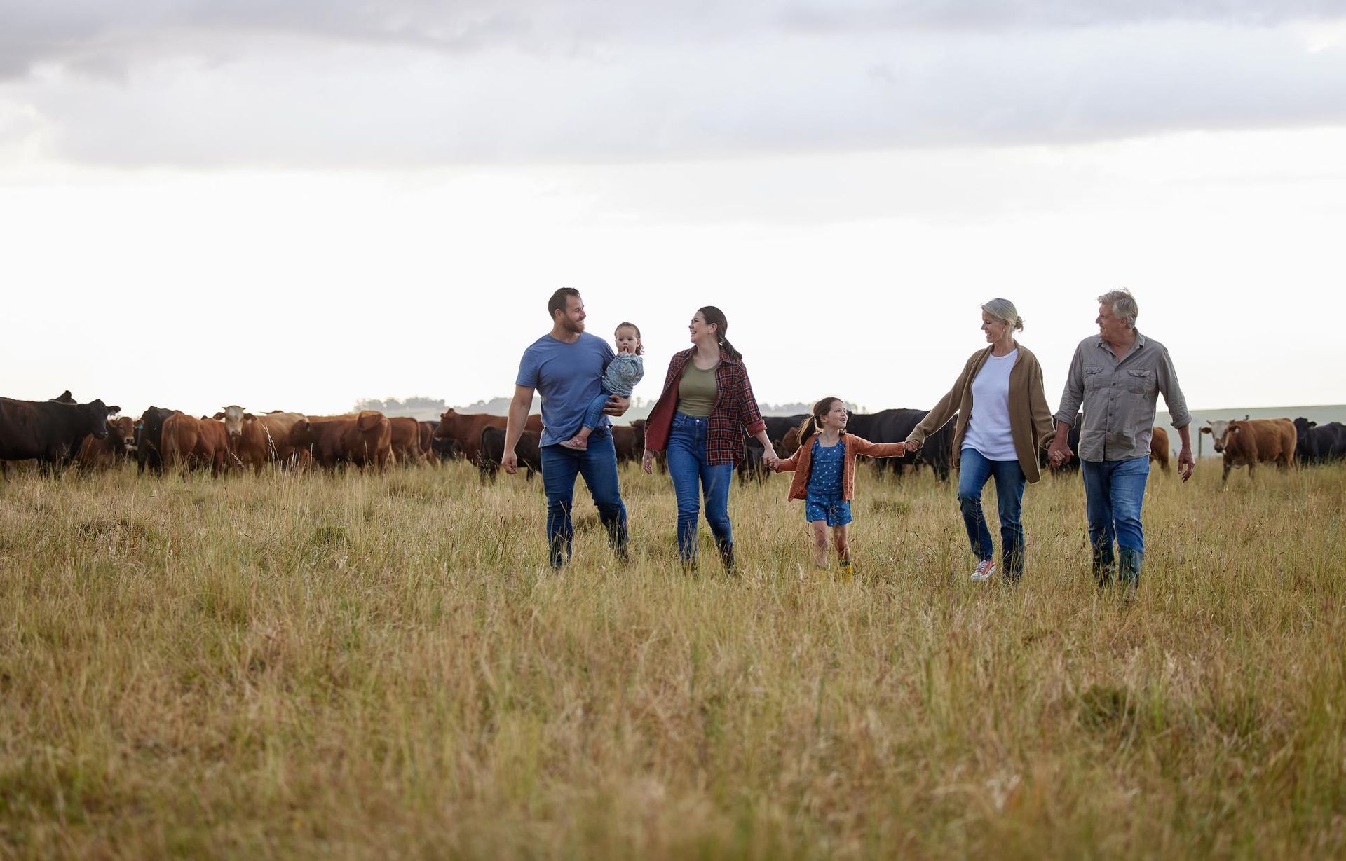 Family walking through a pasture with cattle; overcast sky.