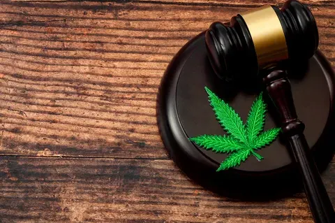 Gavel on a wooden block with a green cannabis leaf, suggesting legal cannabis.