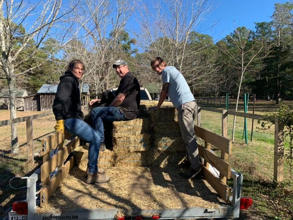 Three people sit on hay bales in a trailer, smiling. Outdoors, sunny.