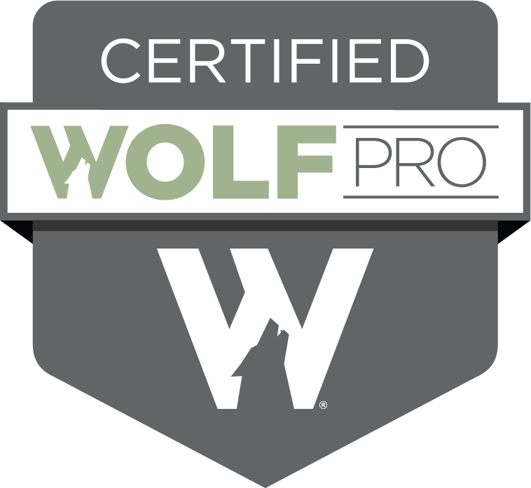 A certified wolf pro logo with a wolf on it