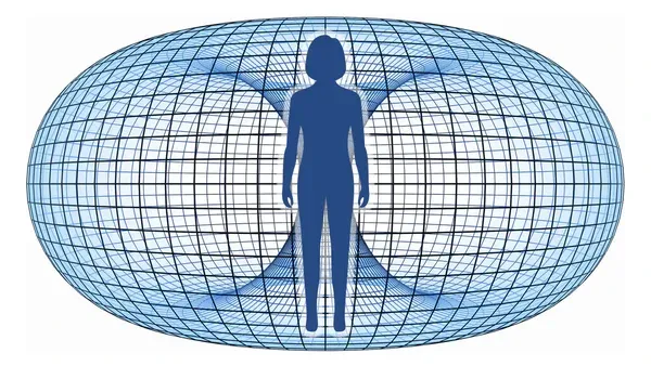 A silhouette of a person standing inside of a sphere.