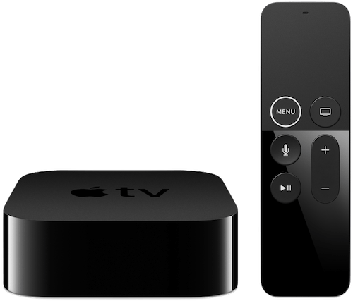 An apple tv box and remote control on a white background.
