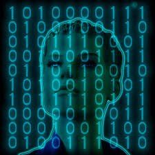 A man 's head is surrounded by binary code.