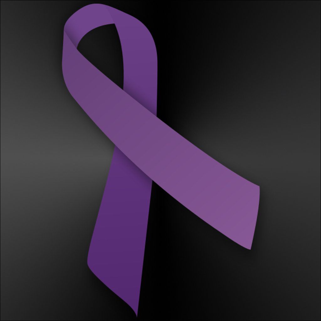 A purple ribbon is shown on a black background