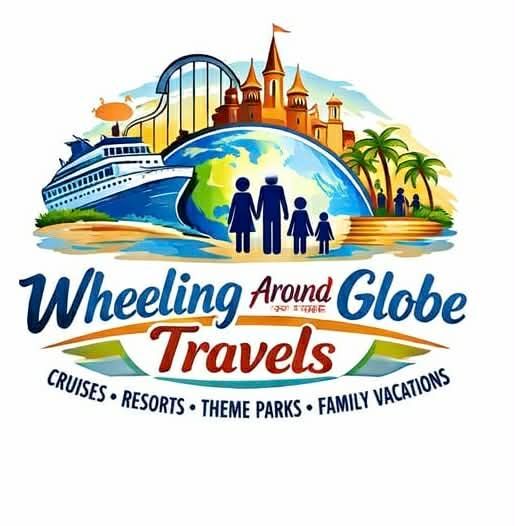 Logo for Wheeling Around Globe Travels: family in front of globe, cruise ship, theme park, travel options.
