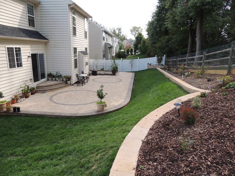 Backyard patio with circular design, bordered by retaining walls and lush green grass. Designed by J Gonzalez