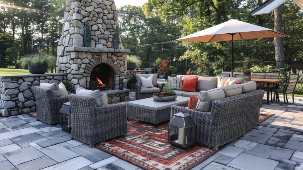 Custom outdoor living space featuring patio, fireplace, and comfortable seating