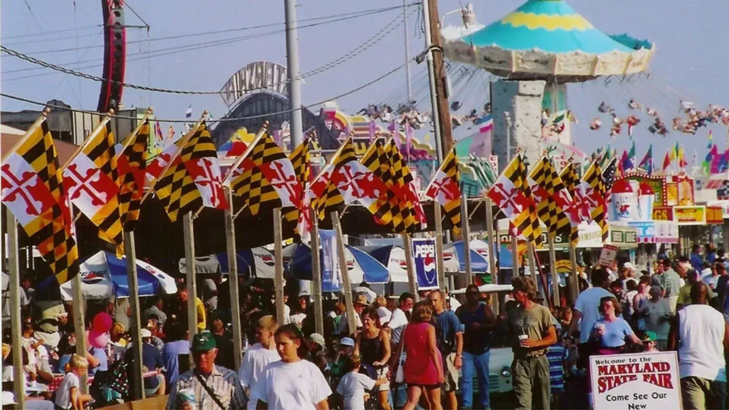Row of Maryland state flags displayed above fair attractions at the Maryland State Fair