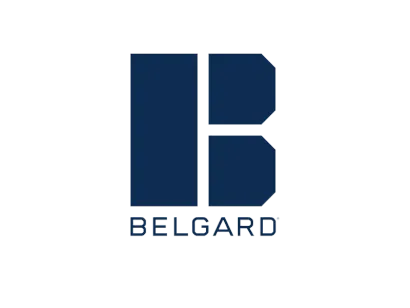 A blue and white logo for belgard on a white background.
