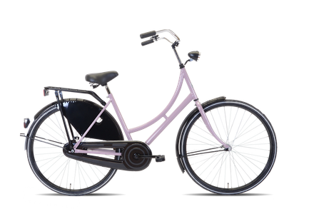 Oranje fiets in Hollandse stijl met zwarte spatborden, bagagedrager en kettingkast, tegen een witte achtergrond.