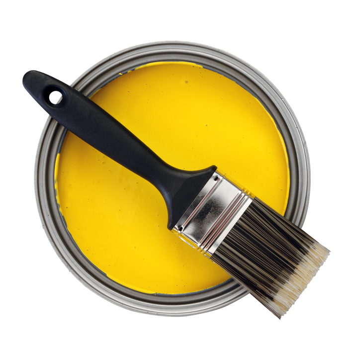 A can of yellow paint and a paint brush