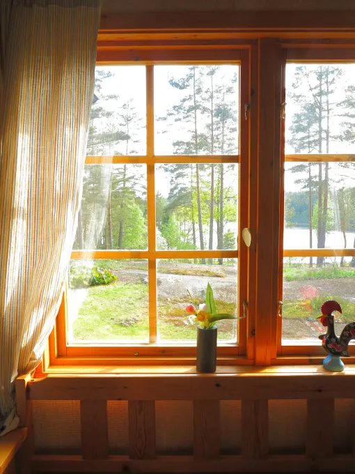 A window with a vase of flowers on the window sill