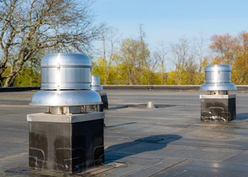 There are a lot of chimneys on the roof of a building.