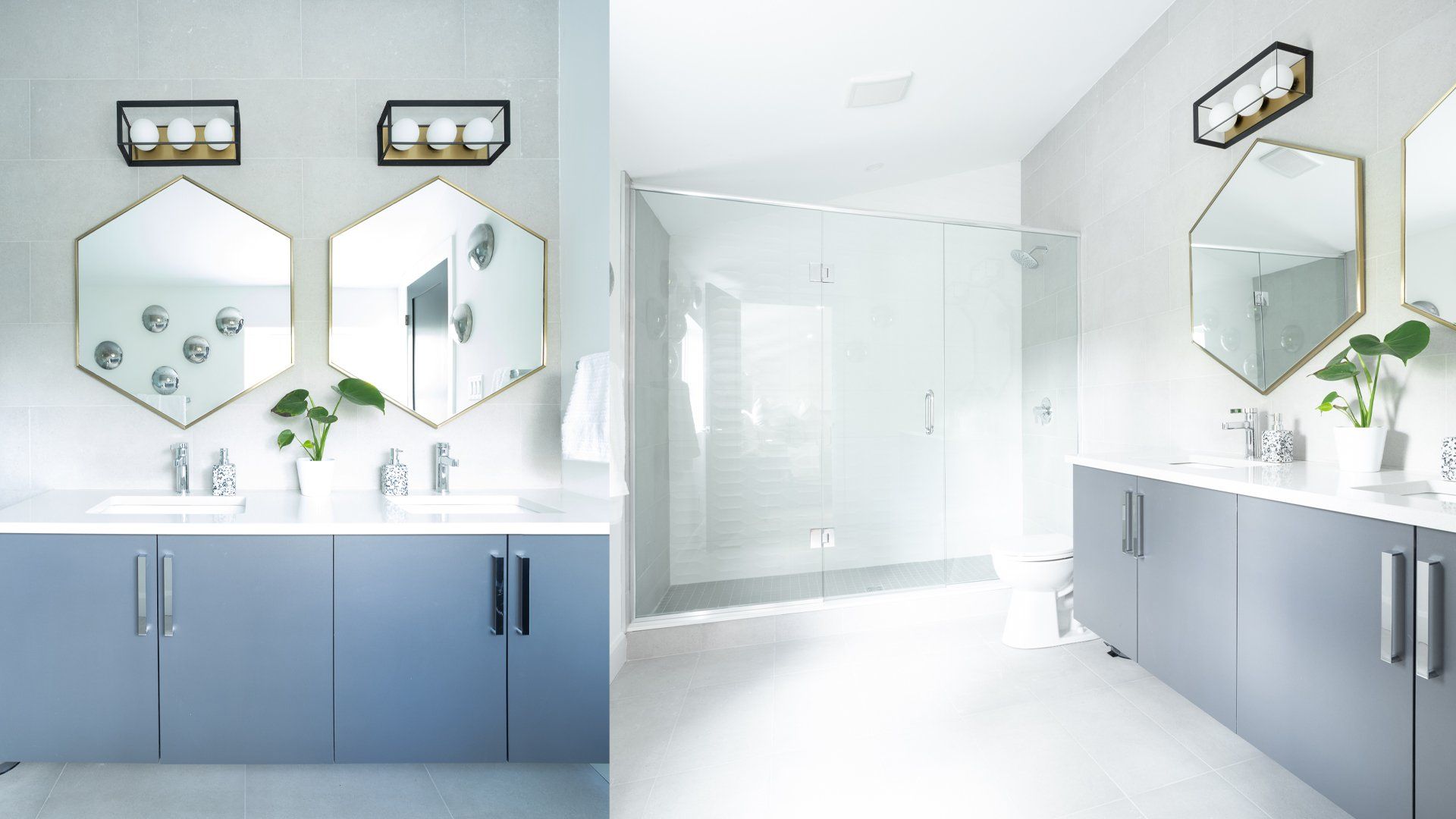 a bathroom with two sinks , two mirrors and a walk in shower .