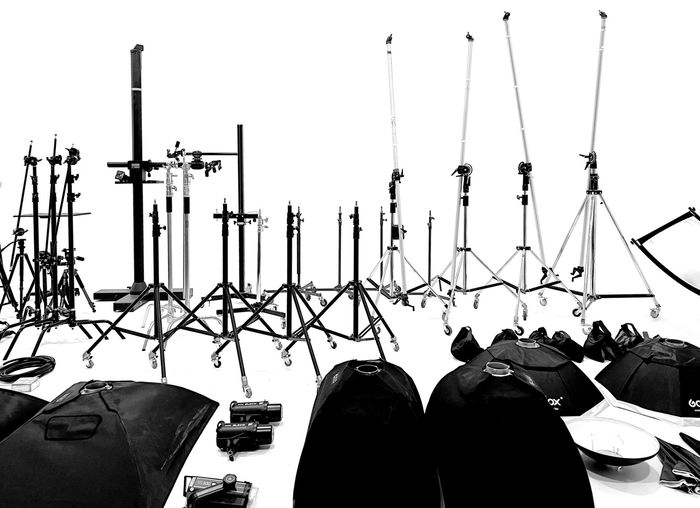 a black and white photo of a bunch of equipment on a table