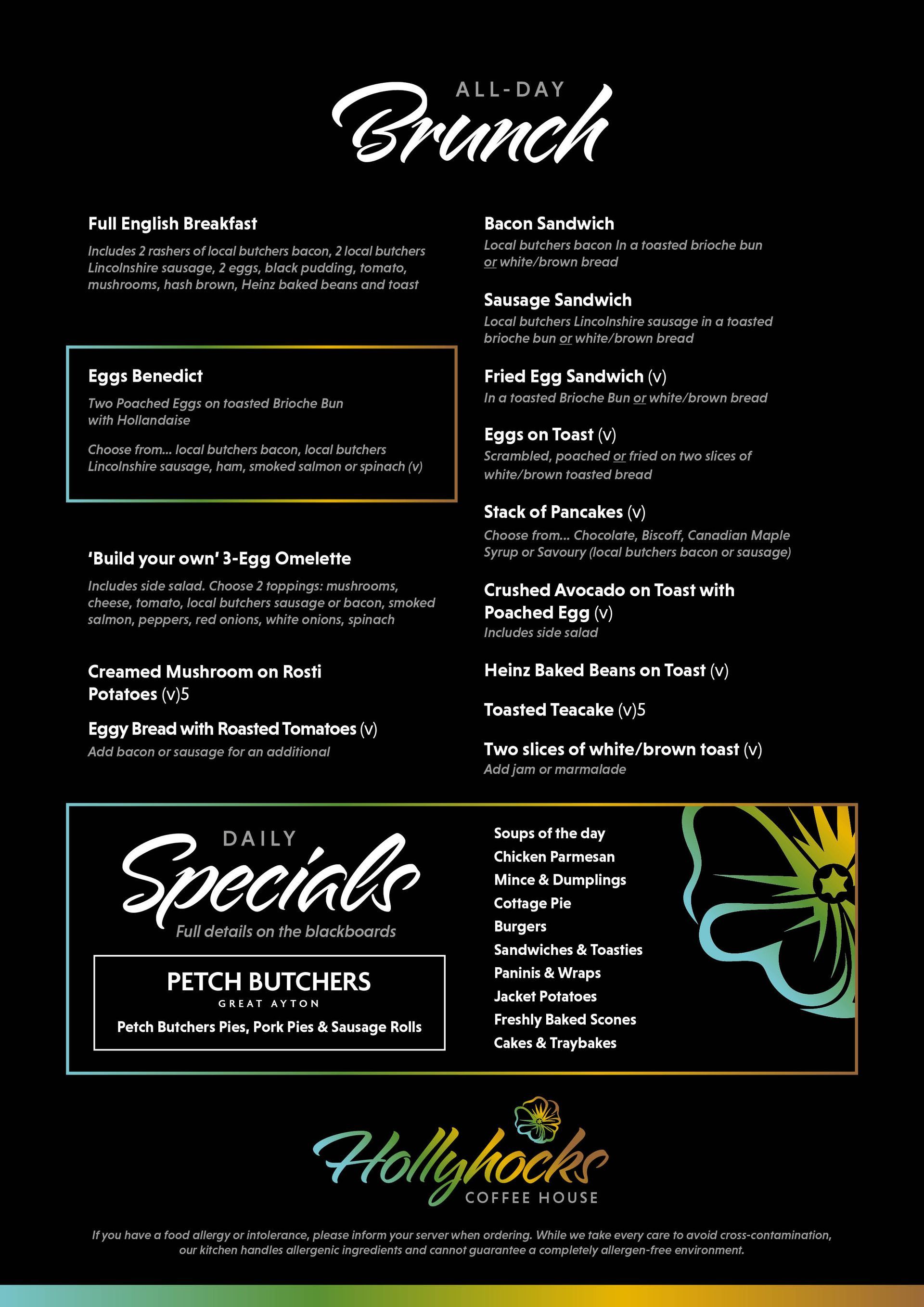 Hollyhocks Café brunch menu featuring breakfast and brunch options in Guisborough