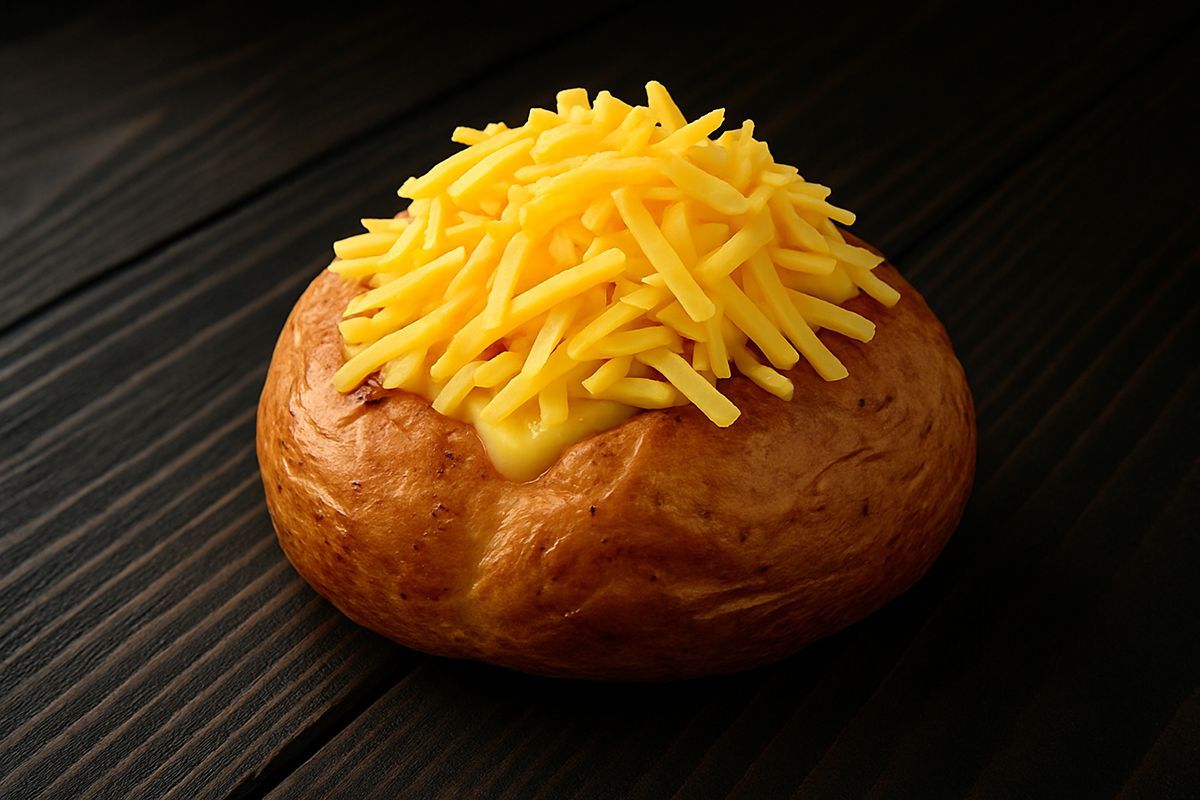 Jacket potato topped with melted cheese at Hollyhocks Coffee House Guisborough