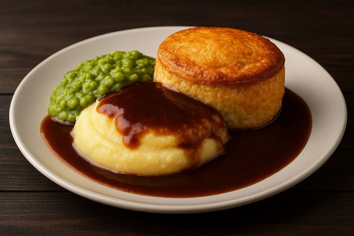 Traditional pie with mashed potatoes, peas and gravy served at Hollyhocks Coffee House