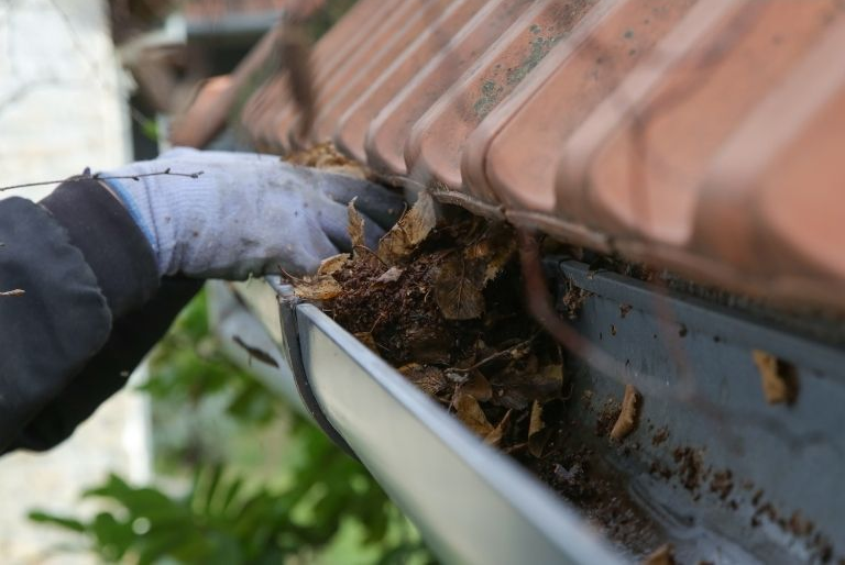 White rain gutter on a house with dark supports, terracotta tiles, and a blue sky.