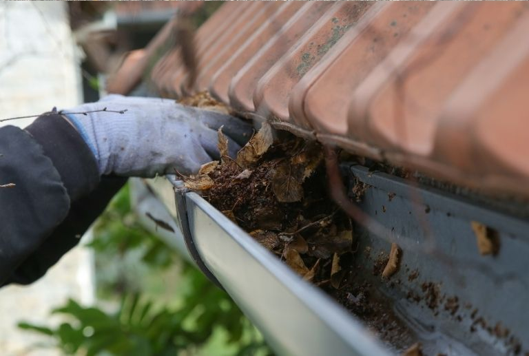 White rain gutter on a house with dark supports, terracotta tiles, and a blue sky.