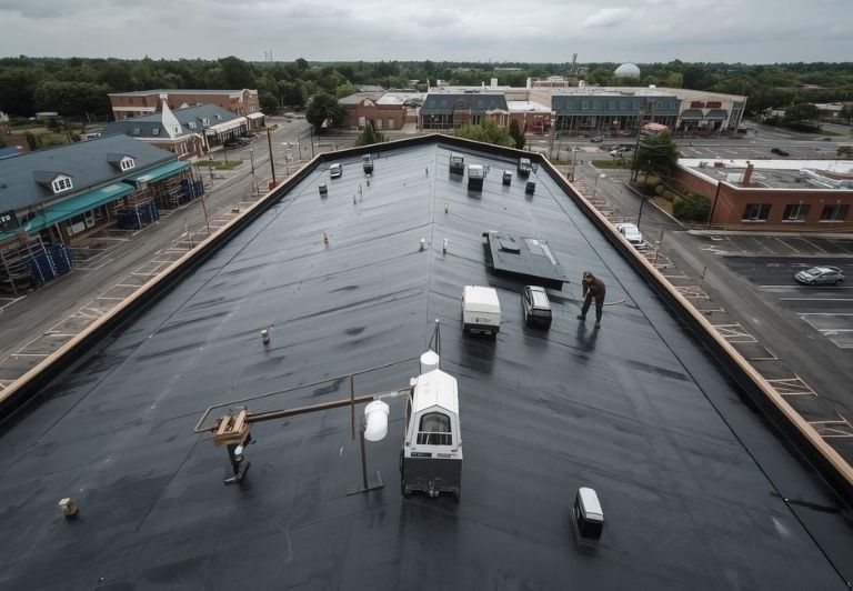 Person wearing red gloves unrolling black roofing material on plywood.