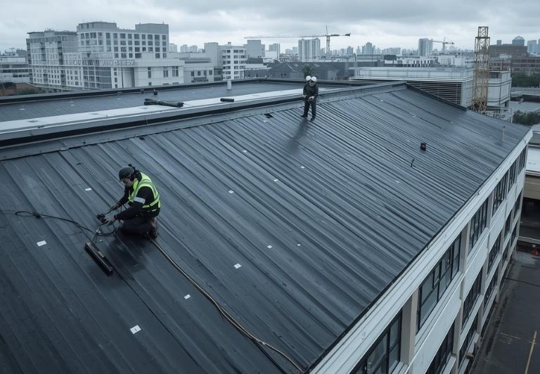 Person in red cap and gloves welding roofing material with a hot air gun.