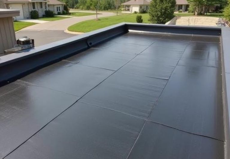 Roofer using a torch and tool to seal a dark roofing material on a flat roof. Propane tank nearby.