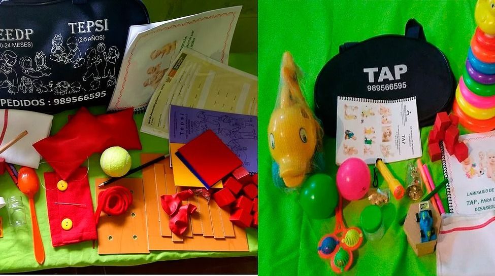 Dos bolsas con diversos juguetes de colores, materiales educativos y un objeto con forma de payaso, colocadas sobre una superficie verde.