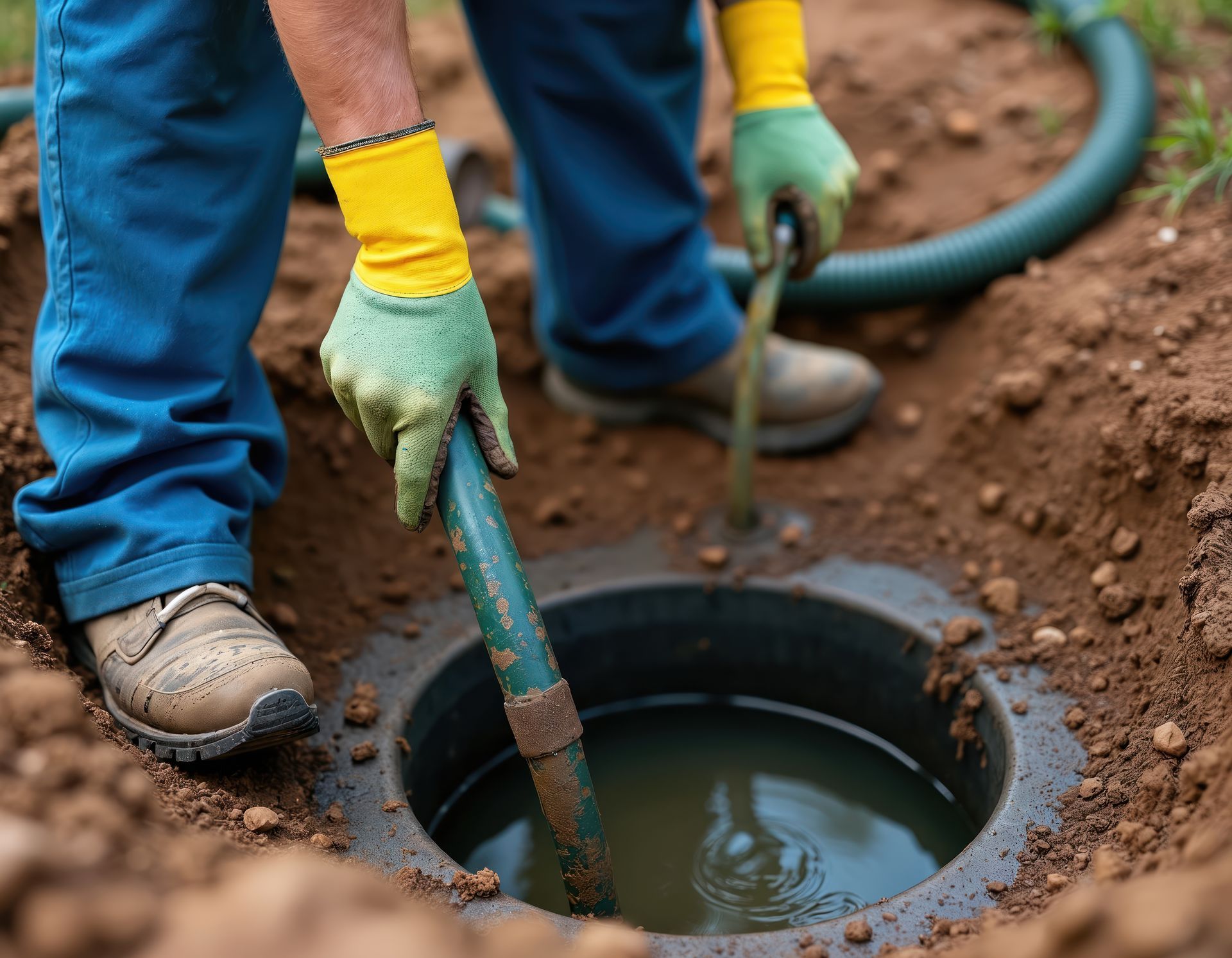 A drain cleaning company technician clearing an outdoor drain with a hose to remove blockage.