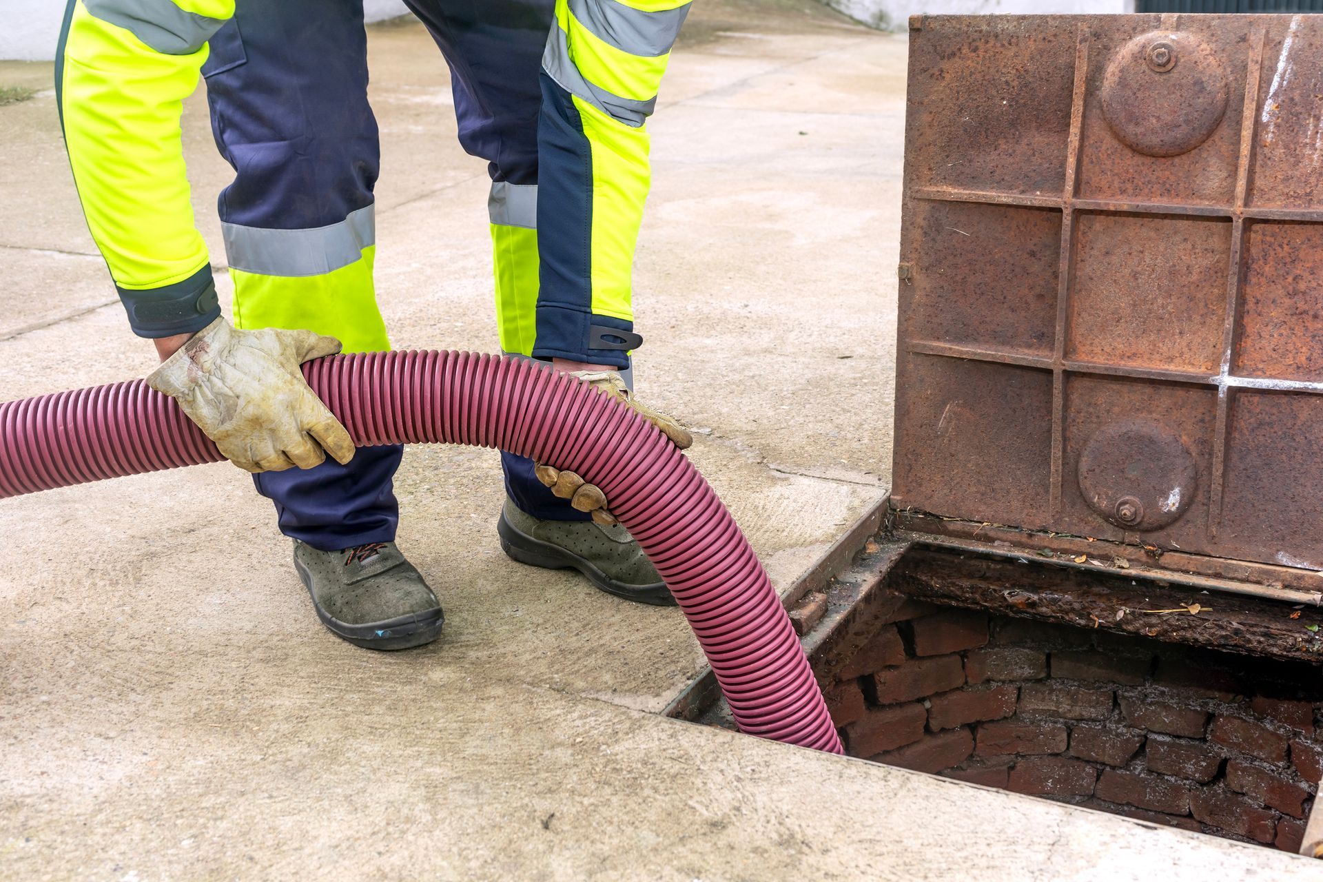 A male sewer worker uses a red tube to clean the inside of a manhole.