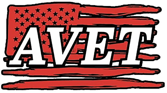 AVET logo with white letters on a distressed American flag.