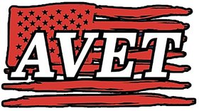 AVET logo with white letters on a distressed American flag.