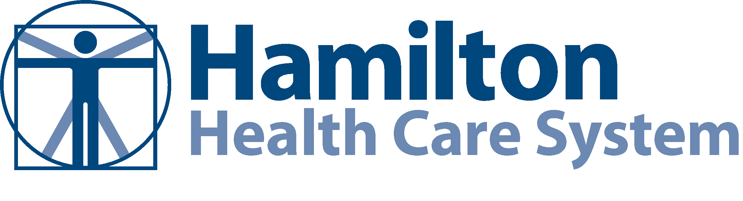 The hamilton health care system logo is blue and white