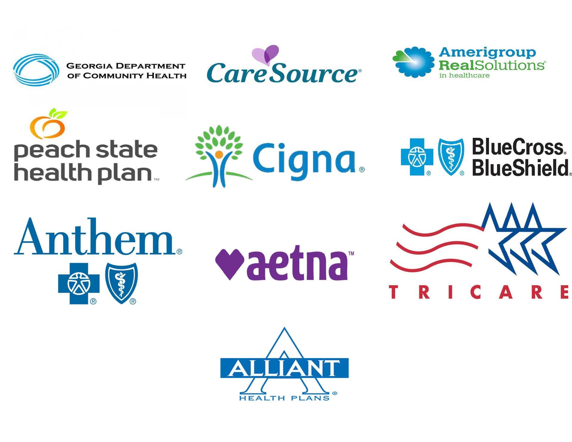 A collage of logos including peach state health plan cigna anthem and aetna