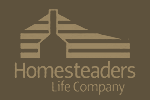 Logo for Homesteaders Life Company, features a house silhouette in tan against a brown background.