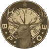 Elks Club emblem: stag head with clock, encircled by 