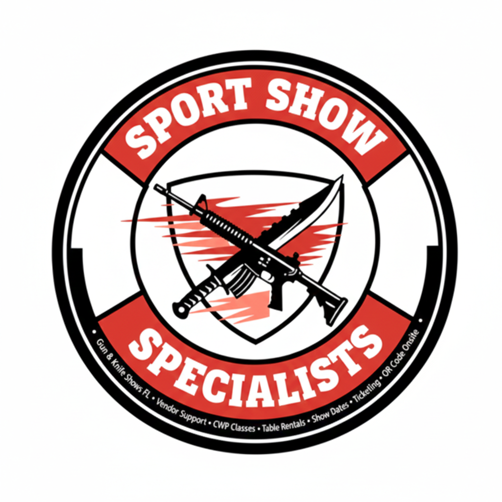 Logo: Sport Show Specialists, red and yellow circle with a rifle and knife graphic.