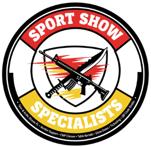 Logo: Sport Show Specialists, red and yellow circle with a rifle and knife graphic.