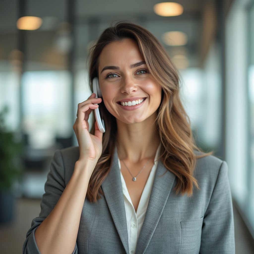 Woman in gray blazer smiling, talking on a cell phone in an office setting.