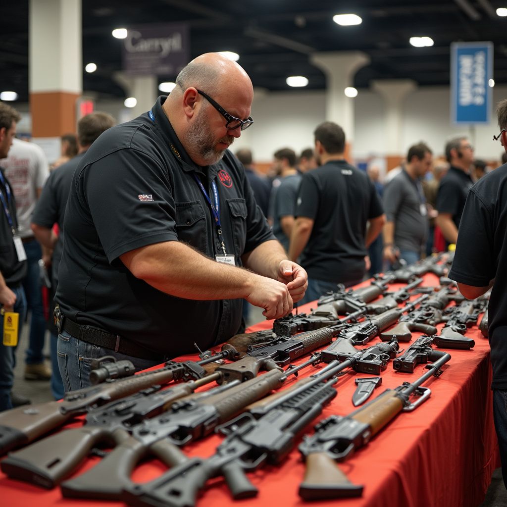 Man examining firearms at a gun show, set on a red table.