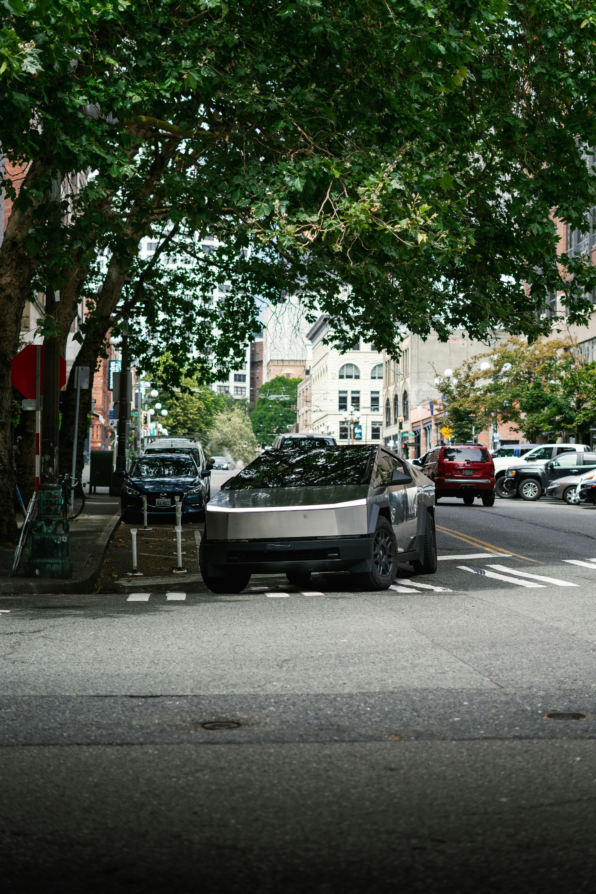 Tesla Cybertruck parked on a city street with trees overhead; other cars and buildings in the background.