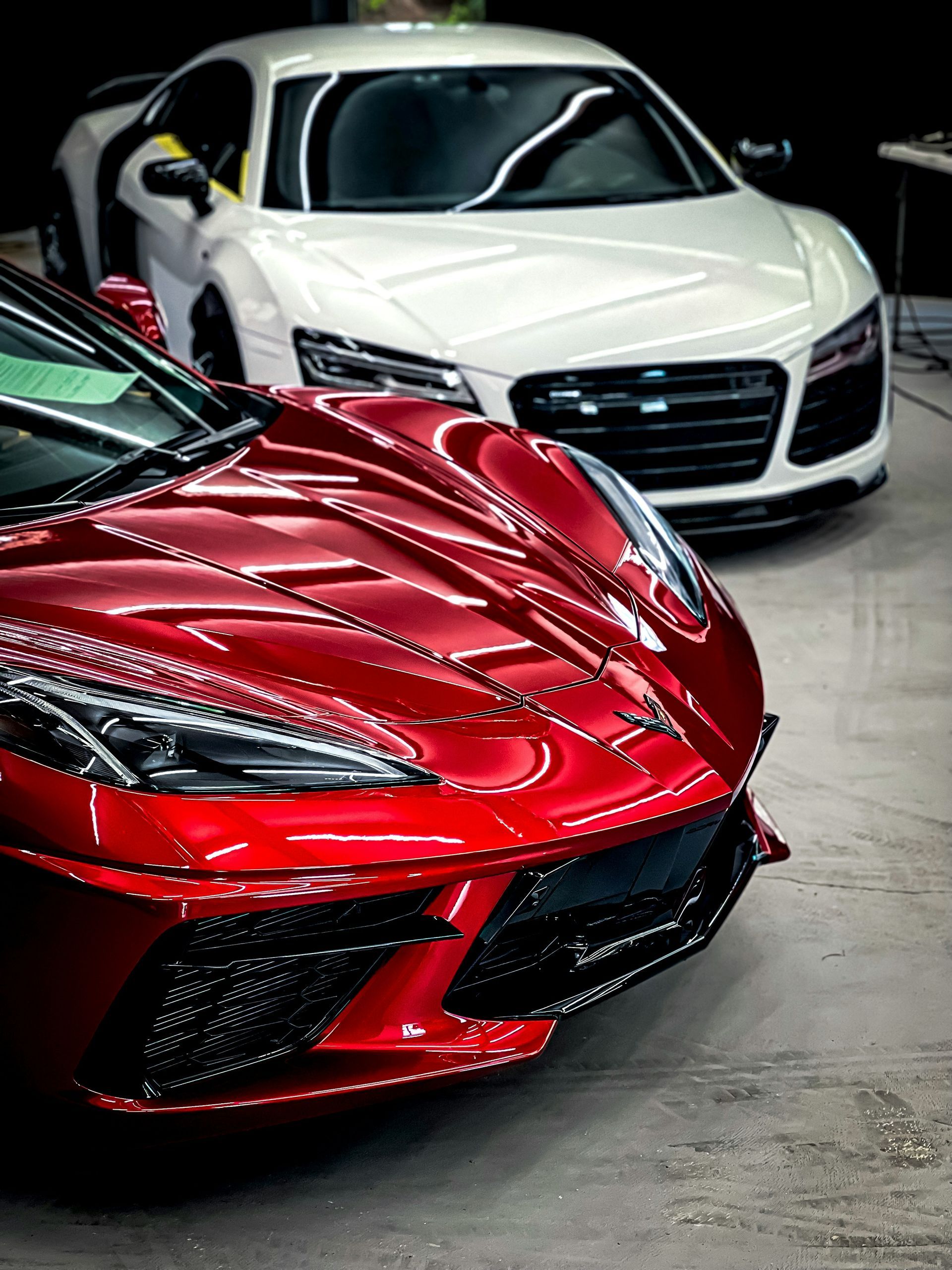 Red sports car in the foreground, with a white Audi R8 behind it. Both vehicles are shiny and indoors.