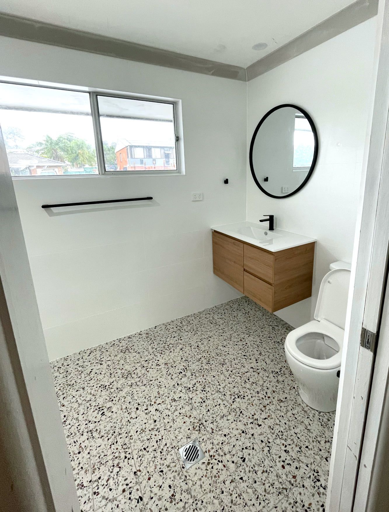 Modern Bathroom With Wooden Vanity — Edmonds Bathroom Renovations & Tiling In Port Macquarie, NSW