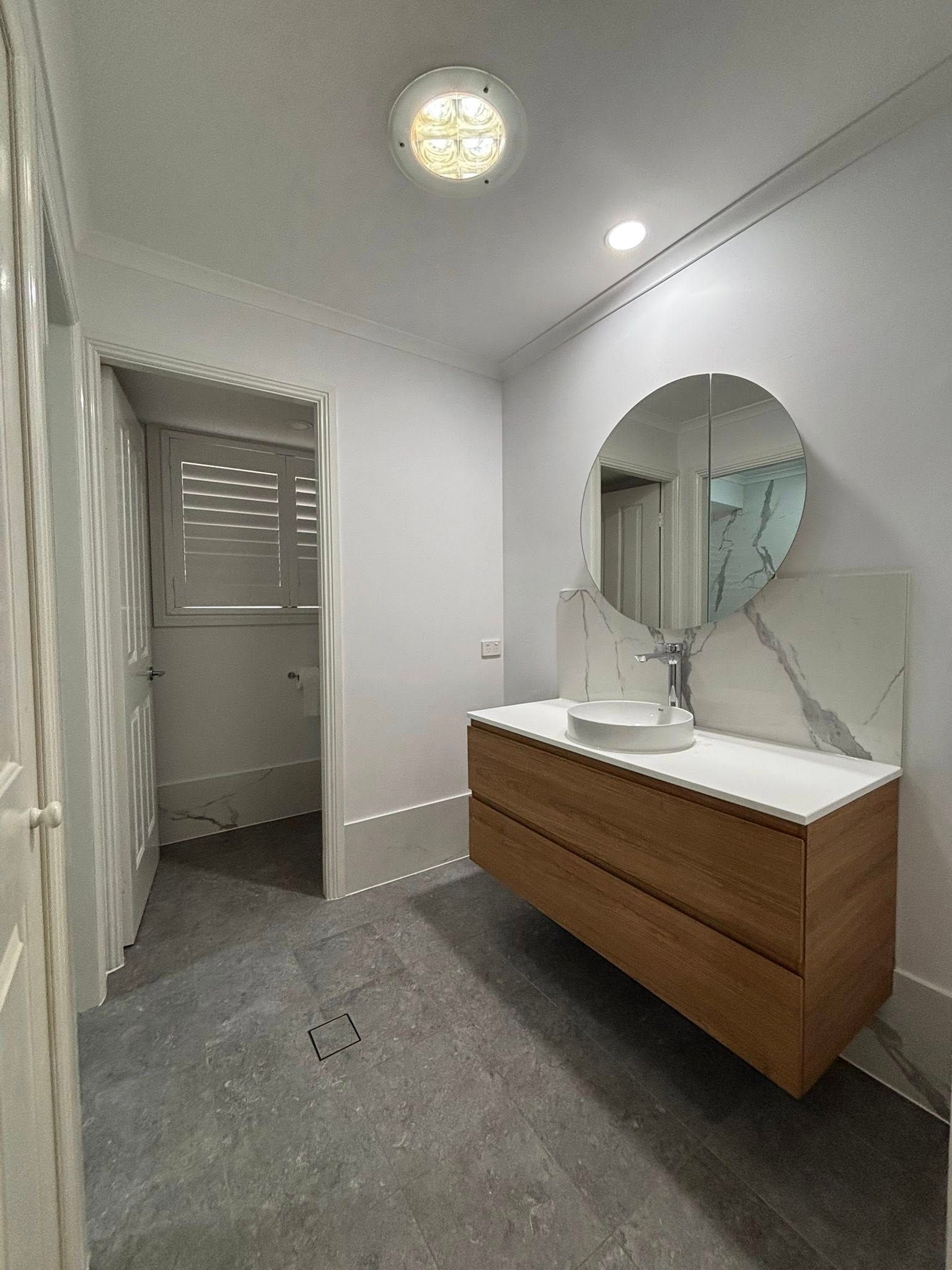Modern Bathroom With Wooden Vanity — Edmonds Bathroom Renovations & Tiling In Port Macquarie, NSW